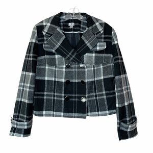 Women's Worthington Black and Gray Plaid Cropped Pea Coat Jacket Large
